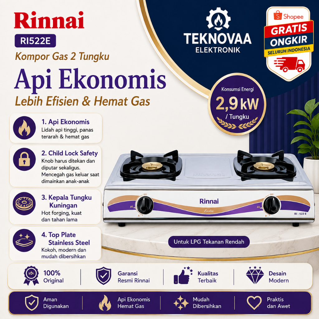 RINNAI KOMPOR GAS 2 TUNGKU RI 522 E/RI-522E/RI-522 E/RI522E/RI 522E/RI522 E/ORIGINAL RINNAI/GARANSI