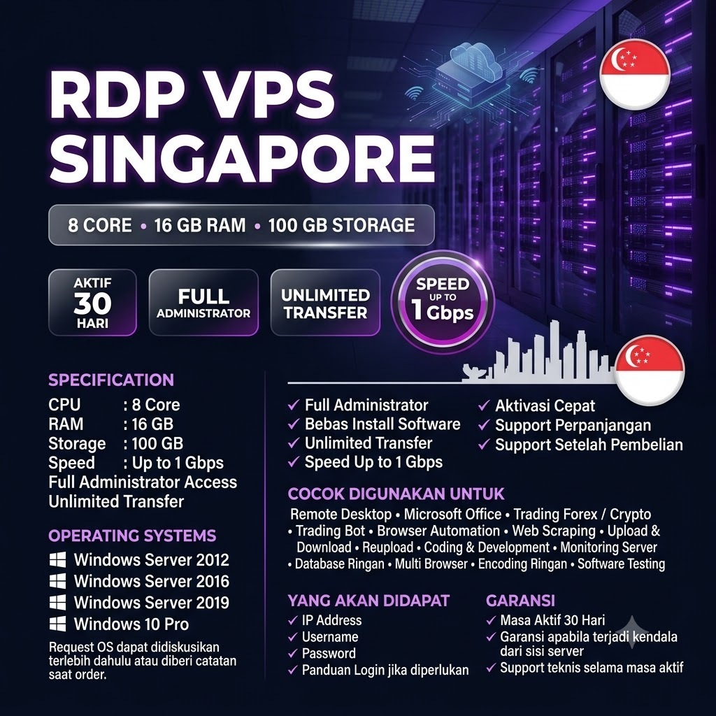 VPS RDP Windows Linux 16 Core 8GB RAM Full Admin Garansi 30 Hari Server Singapore Anti Suspend Legal