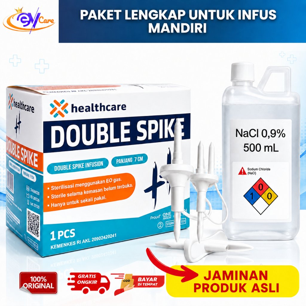 PAKET Double Spike Infusion Healthcare 7cm + NaCl 0,9% 500ml Steril 1 Pcs Alat Penusuk Botol Cairan 