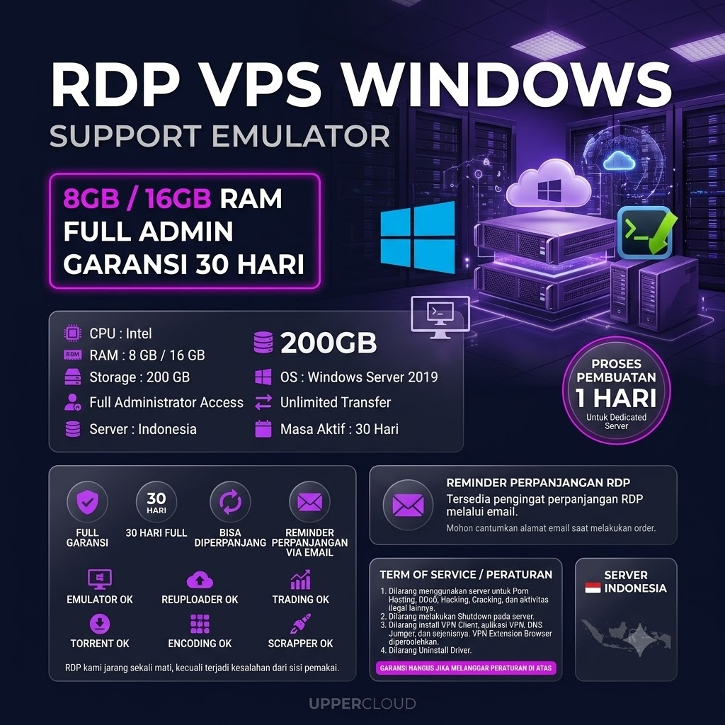 RDP VPS Windows Support Emulator 8GB / 16GB RAM Full Garansi Bisa Perpanjang Dedicated Full Administ