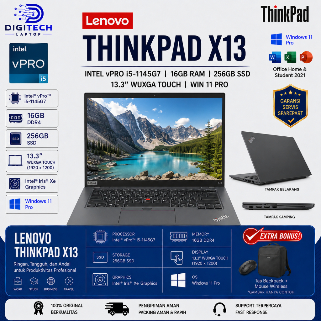 Laptop Lenovo ThinkPad X13 Intel Core i5 1145G7 vPro 16GB 512GB SSD 13.3 WUXGA Touchscreen Win11 PRO