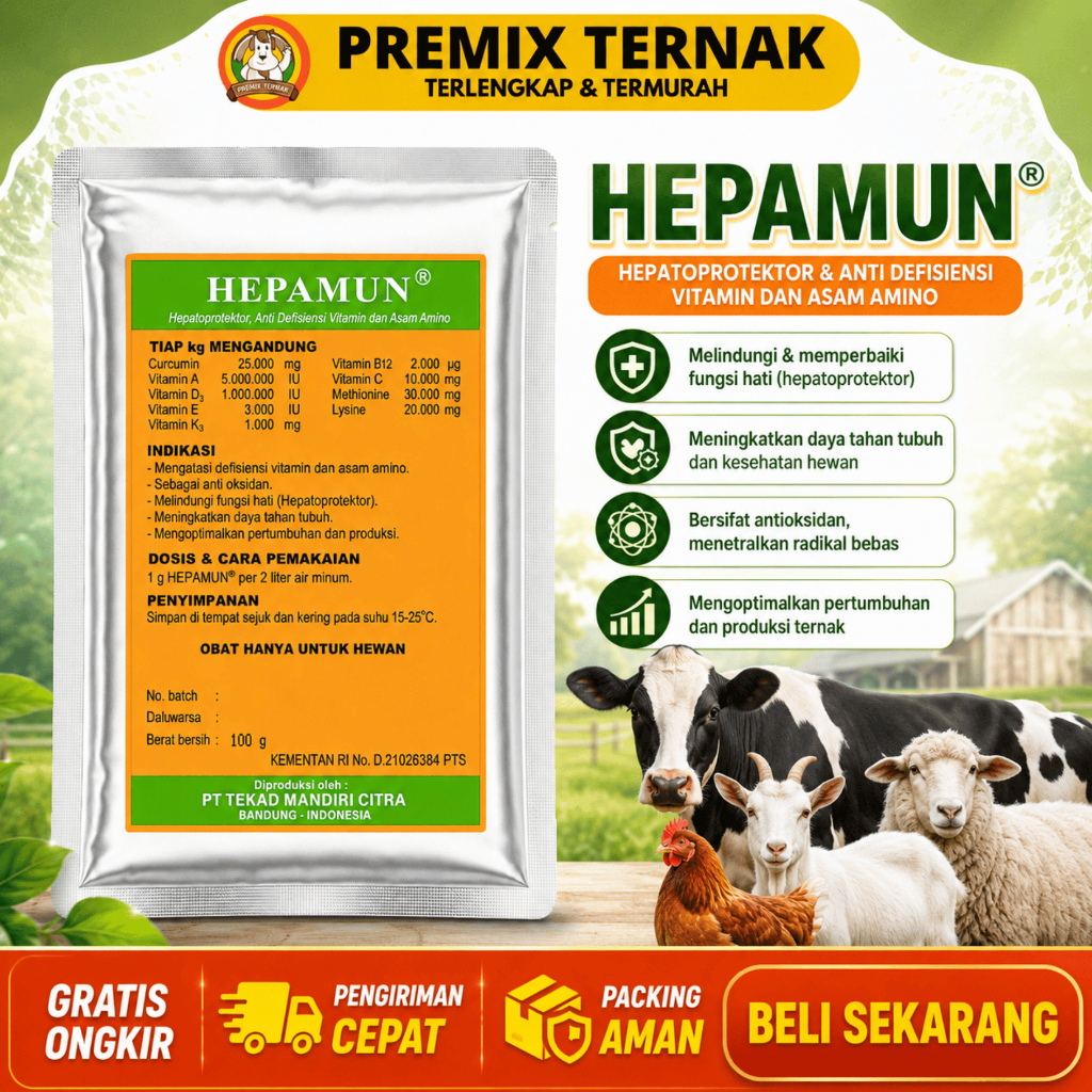 HEPAMUN 100 GRAM Hepatoprotektor Vitamin Asam Amino Curcuma Perbaiki Fungsi Hati Ternak Ayam Sapi