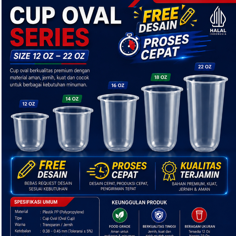 [Polos] Cup Oval 12 14 16 18 22 oz Tebal Gelas Plastik