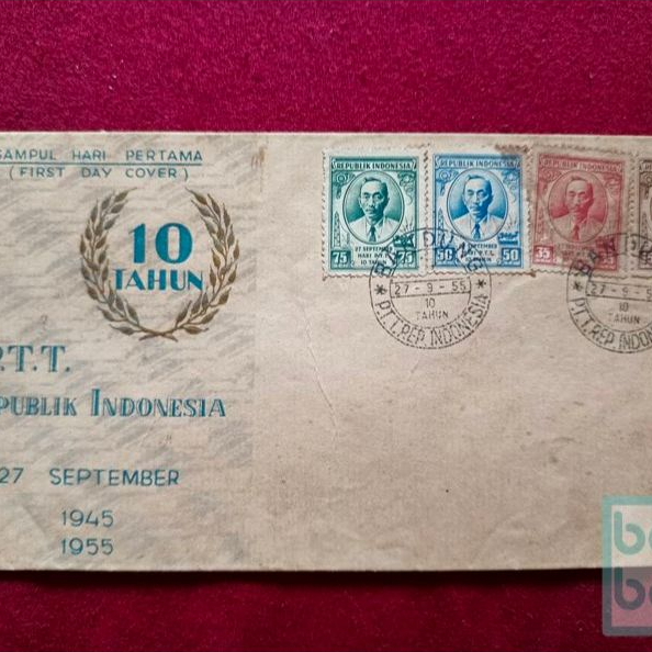 Perangko Sampul Hari Pertama 10 Thn PTT Republik Indonesia 1955