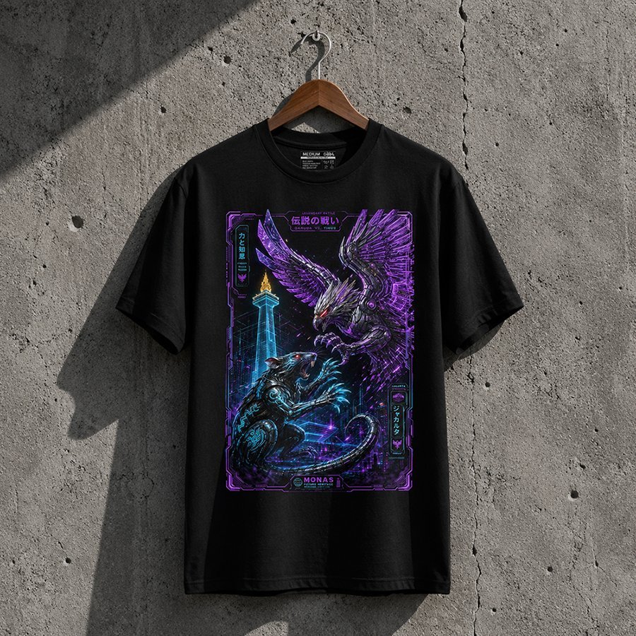 Kaos Pria GANZ CLOTH Garuda vs Tikus – Cyberpunk Neon Jakarta