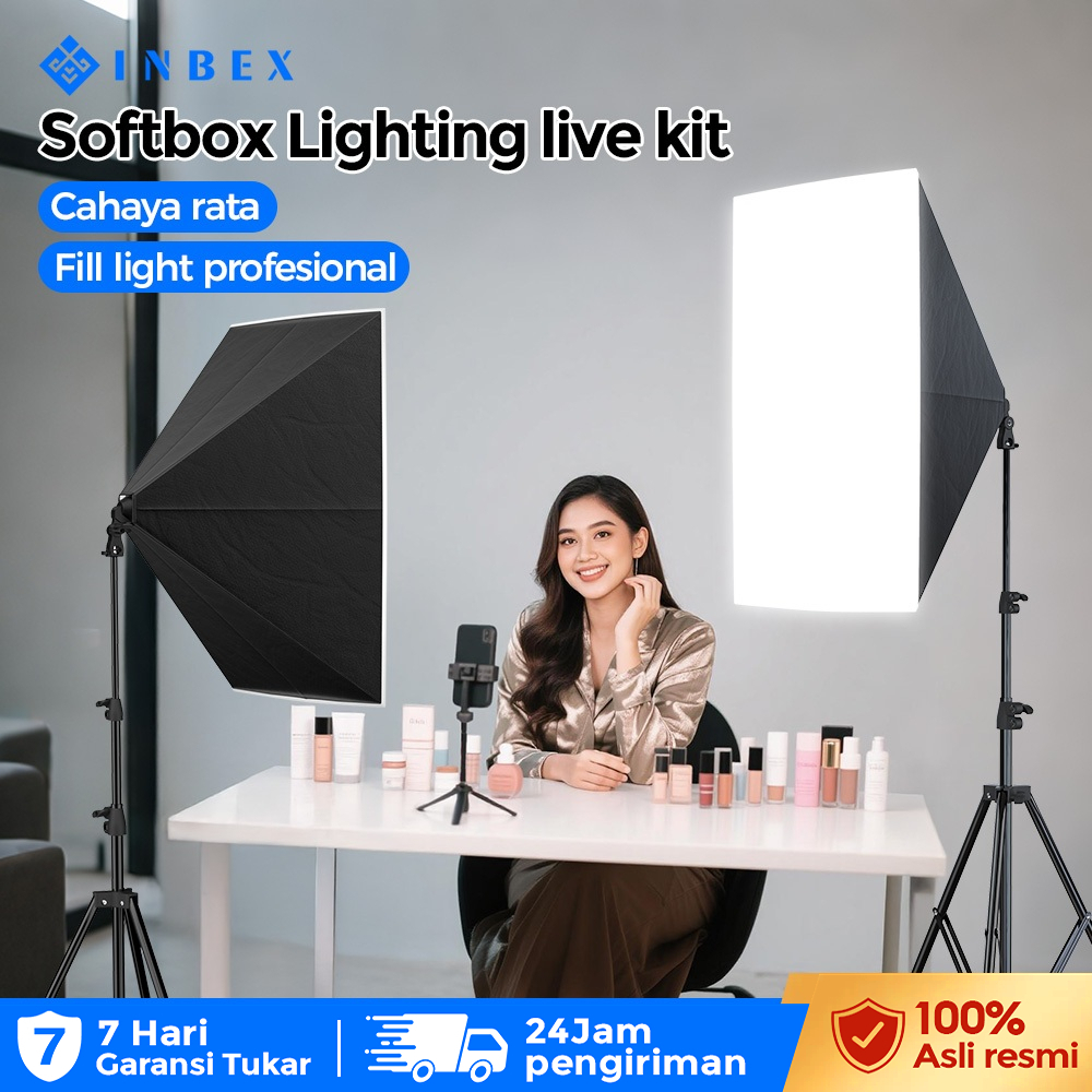 Softbox Lighting Studio untuk Konten Kreator dengan Lampu 3 Warna, Pencahayaan Fotografi dan Video S