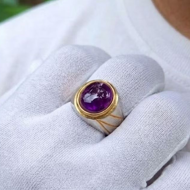 Cincin batu kecubung ungu super mewah ring titanium