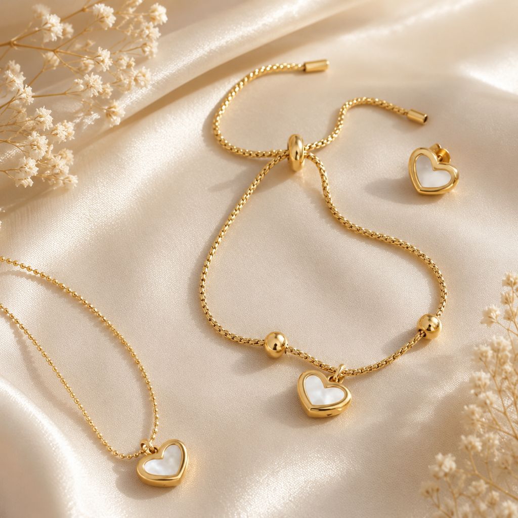B4 kalung gelang serut anting titanium asli hati putih