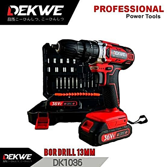 Bor Baterai 36V 10mm DEKWE DK1036 Impact Drill 35Nm 2 Lithium Battery Cordless Fullset