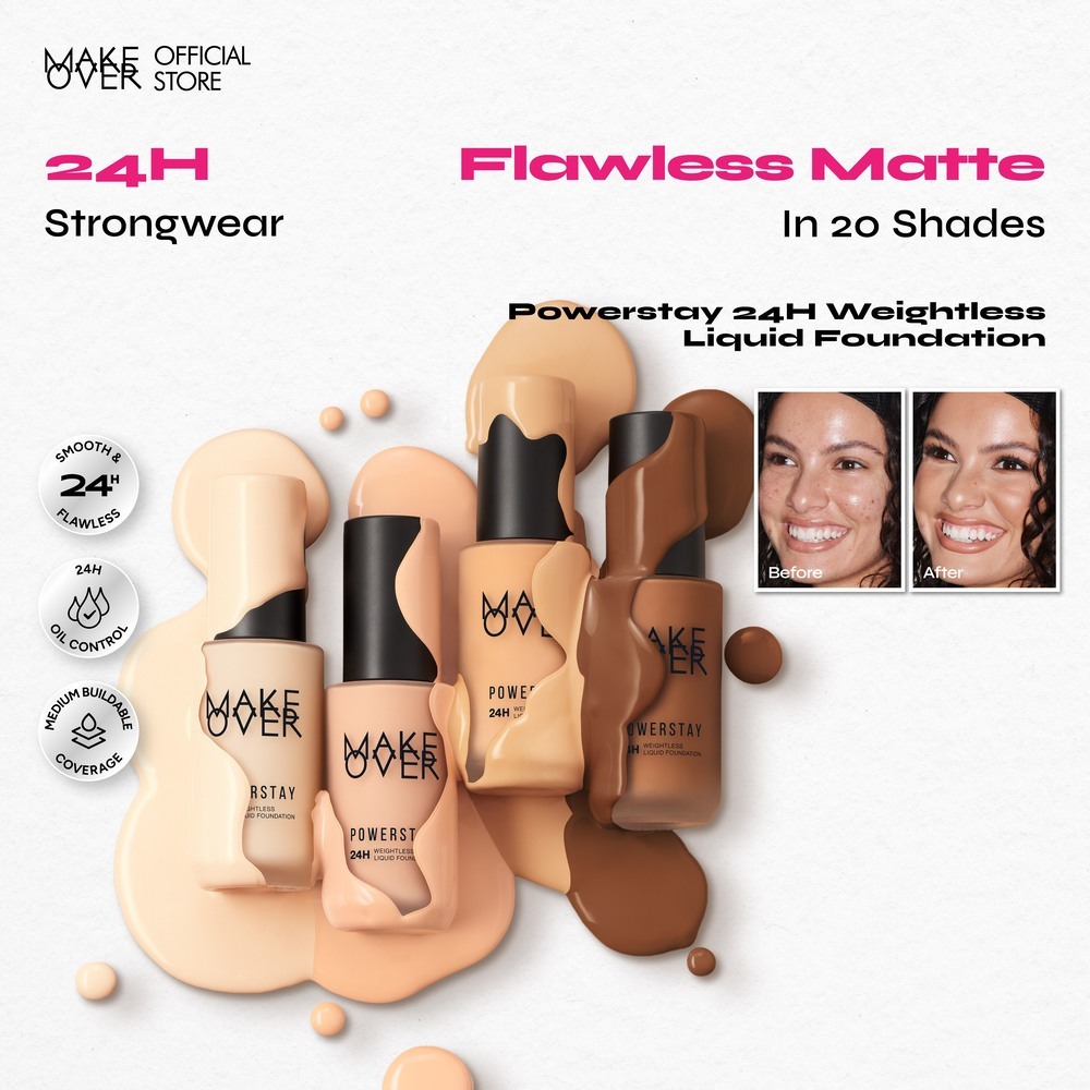[SPECIAL MASTERSHADE] MAKE OVER Powerstay 24H Weightless Liquid Foundation - High Coverage Wajah Fla