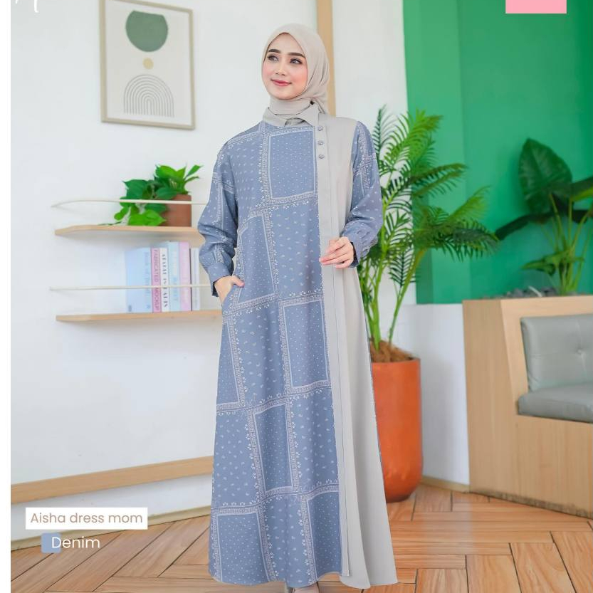 Gamis Aisha Denim - Desain Elegan, Bahan Tunica Printing, Warna Pastel