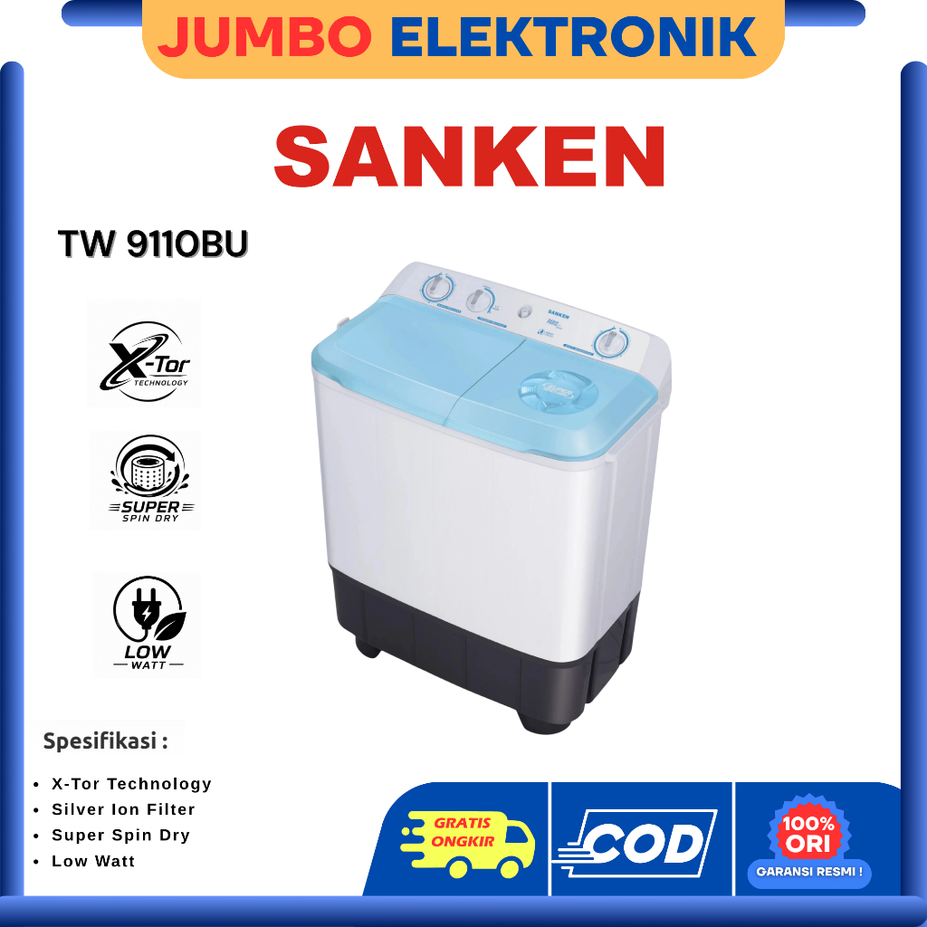 Mesin Cuci Sanken 2 Tabung 9KG Sanken TW9110BU Biru / TW-9110PK Pink Low Watt