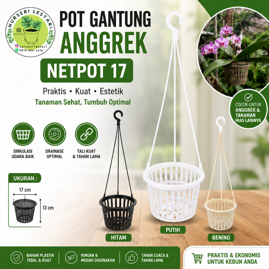 Pot Gantung Plastik Anggrek Netpot NKT 17 Good Quality - HITAM / PUTIH / BENING