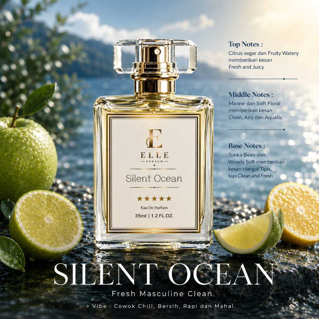 Parfum Pria Tahan Lama ELLE Silent Ocean 35ml – Fresh Marine Citrus, Wangi Cowok Clean Maskulin Eleg