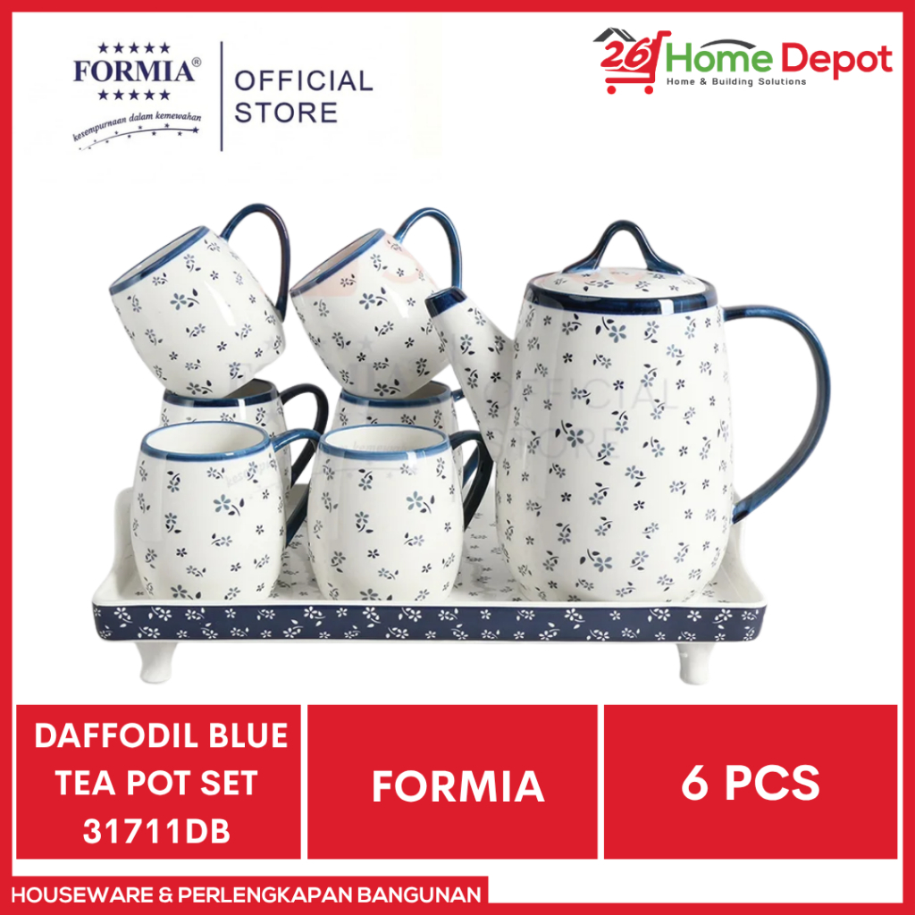 SET TEA POT FORMIA Daffodil Blue 31711DB 6 PCS dengan Mug Keramik dan Tray
