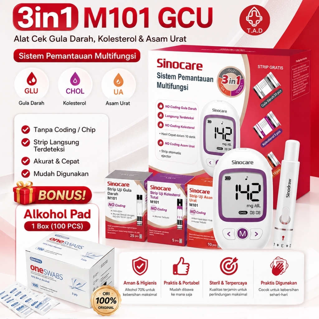 Sinocare M101 Alat Tes GCU – Gula Darah Kolesterol Asam Urat 3in1 No Coding Paket Lengkap