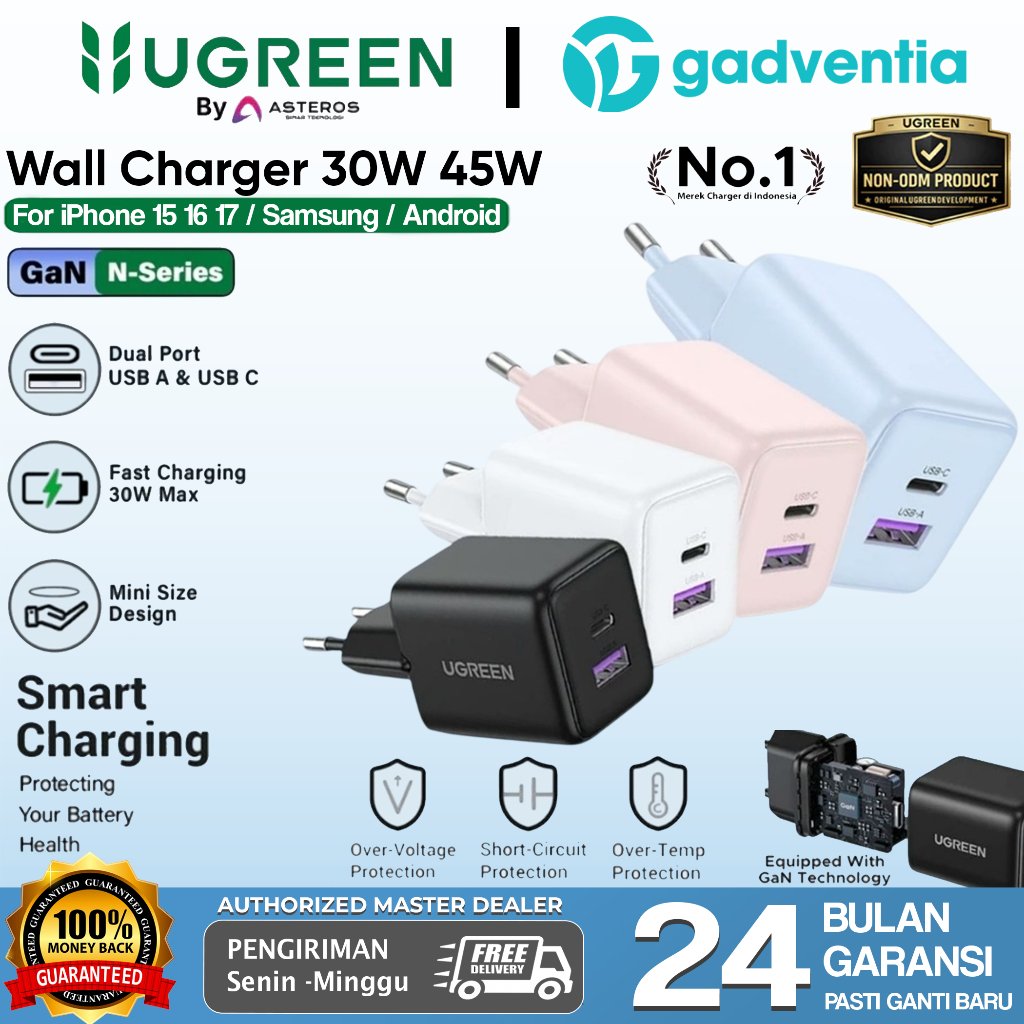 UGREEN Kepala Charger Dual Port USB A + USB Type C Fast Charging 20W 30W 45W