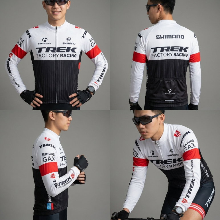 Jersey Sepeda Road Bike MTB TREK Shimano Lengan Panjang Putih Merah Size XL