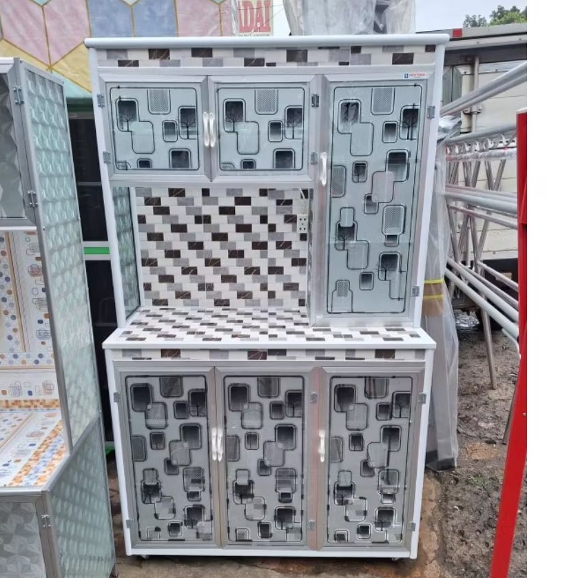 Rak piring 3 pintu  roda aluminium rangka tebal / Lemari Piring Aluminium 3 Pintu Jumbo Roda