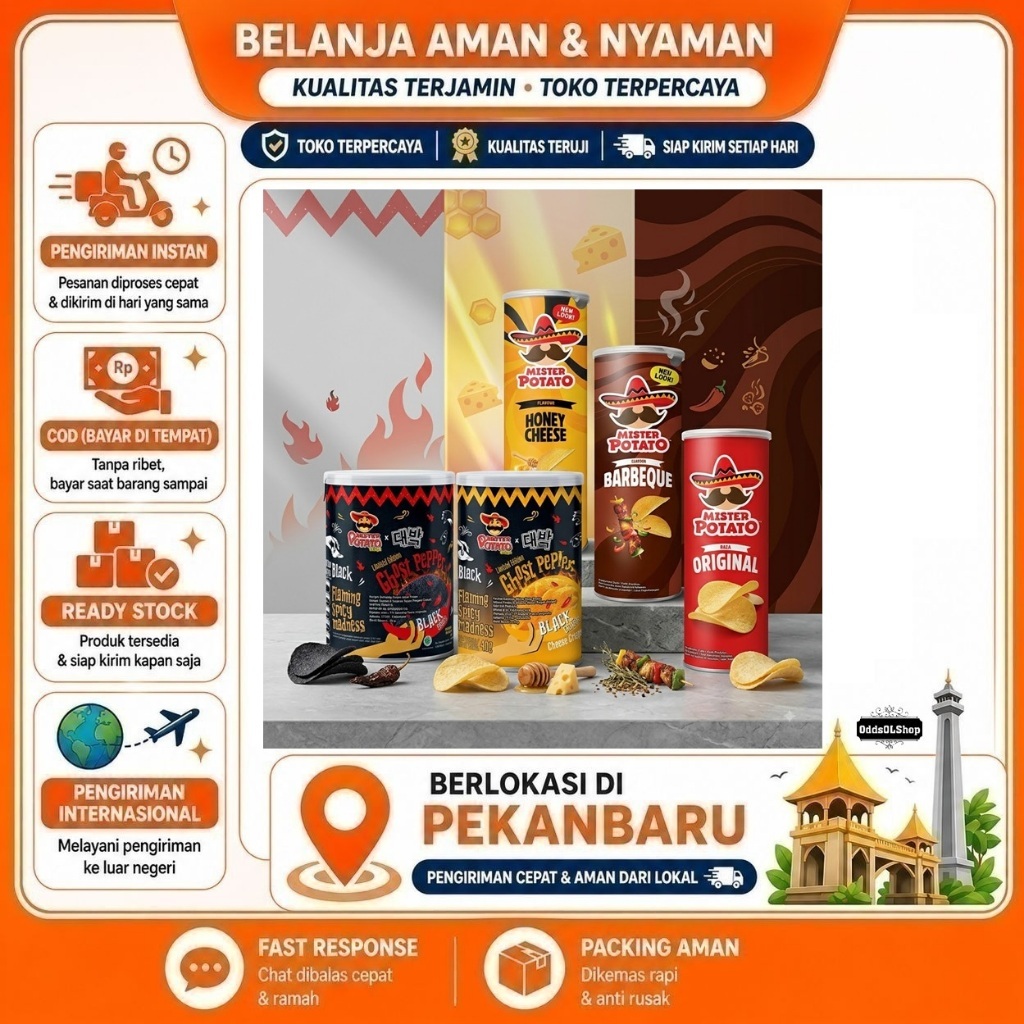 Mister Potato Chips Ghost Pepper Rasa Black Crisp, BBQ, Barbecue, Original, Keju Madu, Honey Cheese