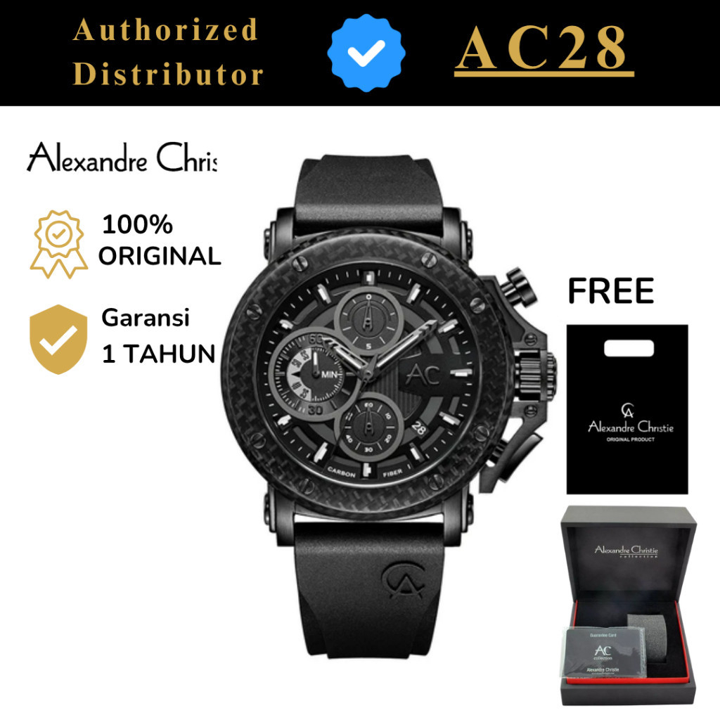 Jam Tangan Pria Alexandre Christie AC 9205 / AC9205 Rubber Leather Chronograph Carbon Original