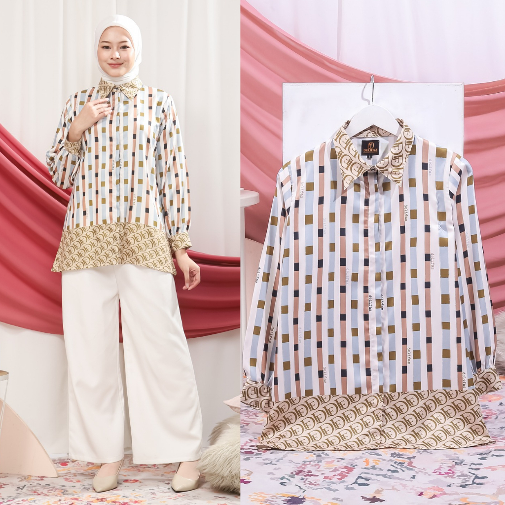 Tunik cewek motif tulisan dan garis kerah kemeja nyaman ANTI KUSUT Atasan wanita lengan panjang