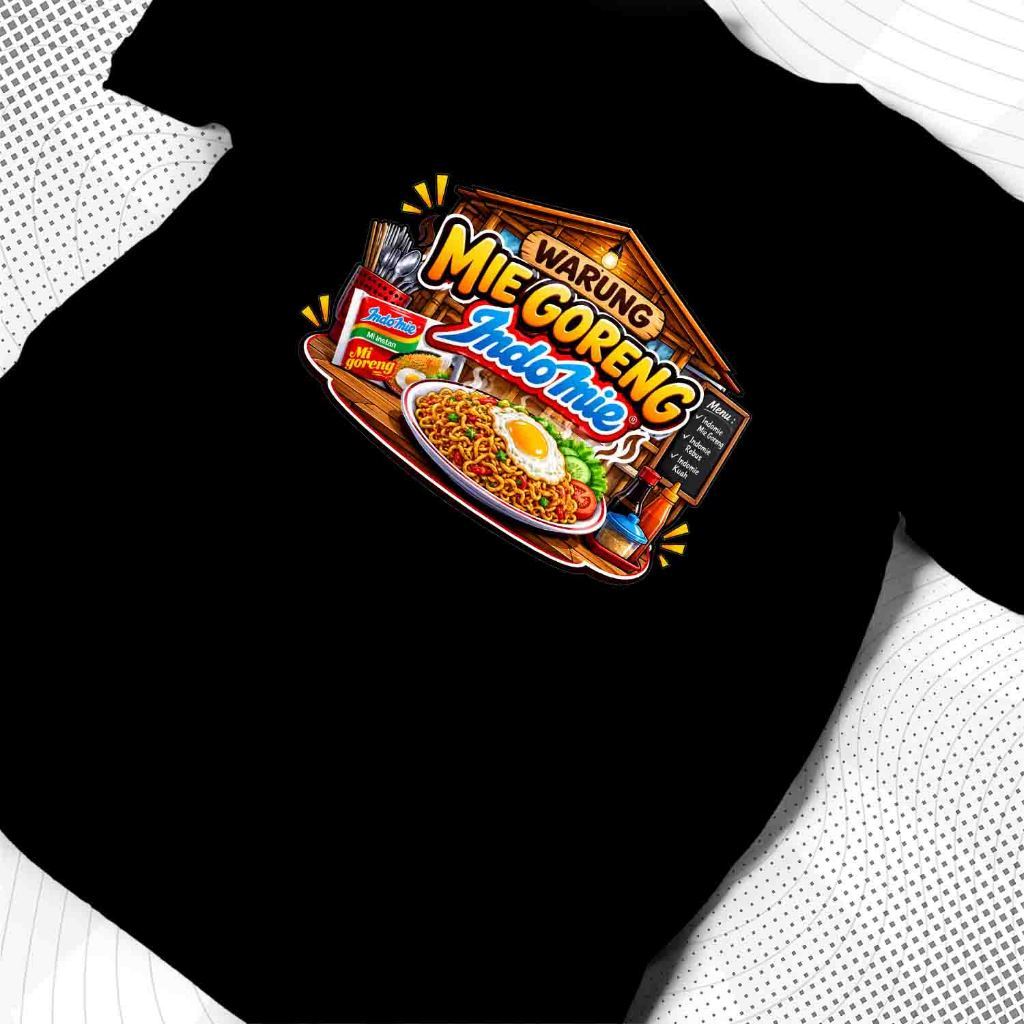 Kaos hitam motif Warung Mie Goreng IndoMie desain makanan casual