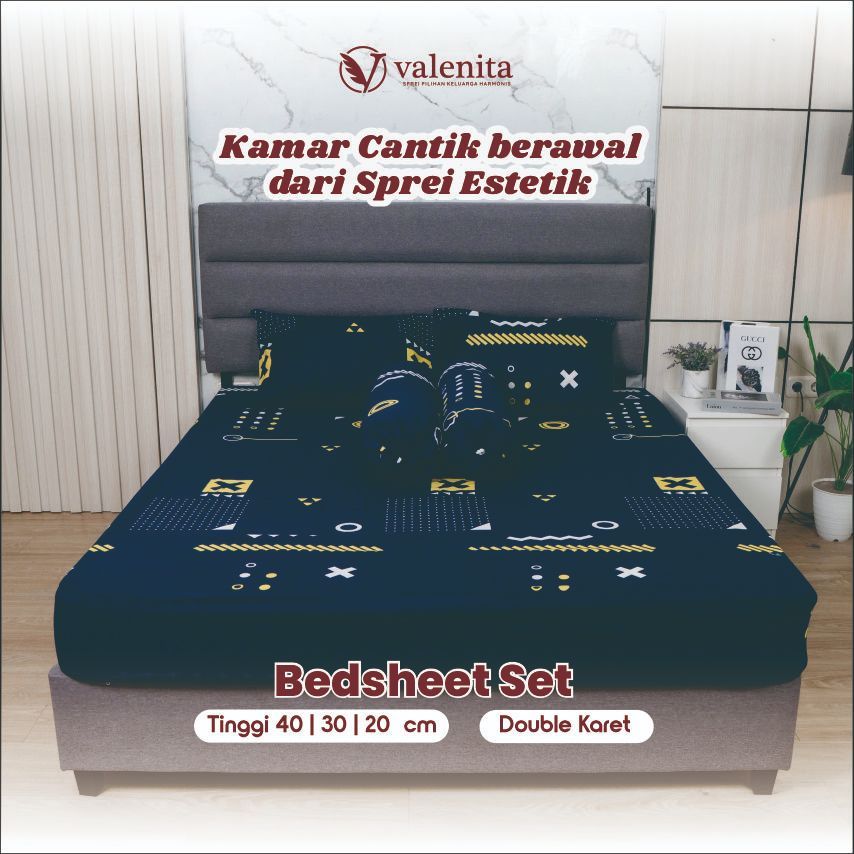 [BEST SELLER] Valenita Sprei Set DOUBLE KARET Anti Geser UK 140x200 Tinggi 20, 30 & 40 cm Korean Sty