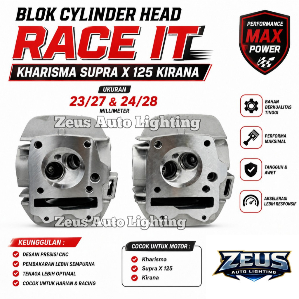 Blok Cylinder Head Race It Kharisma Supra X 125 Kirana Ukuran 23/27 & 24/28 MM