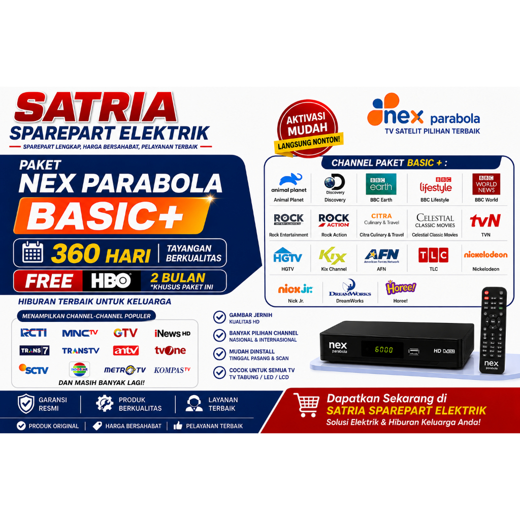Paket NEX Parabola Basic + 360 Hari FREE HBO 2Bulan TV Satelit dengan Receiver HD dan Antena