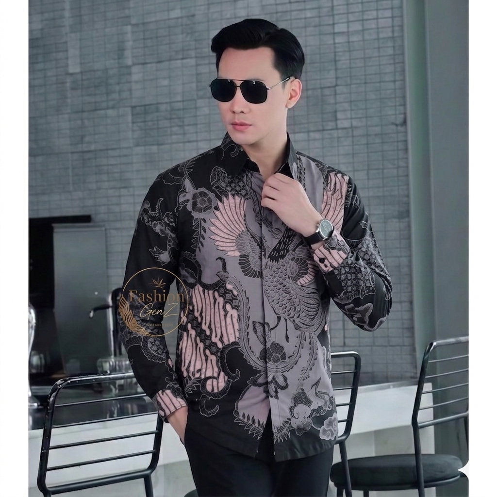 Kemeja Batik Pria Lengan Panjang Seragam Batik Kantor Batik Pria Dewasa 2026 Motif Soang Hitam Polym