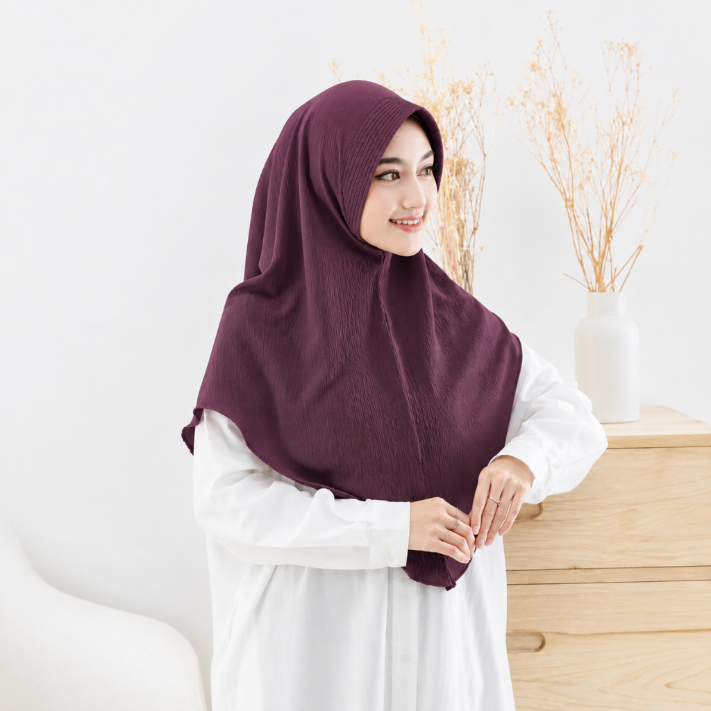 Bergo Maryam Pet Ped Tali Plum Crinkle Airflow Tali / Jilbab Maryam / Kerudung Maryam Instant Ukuran