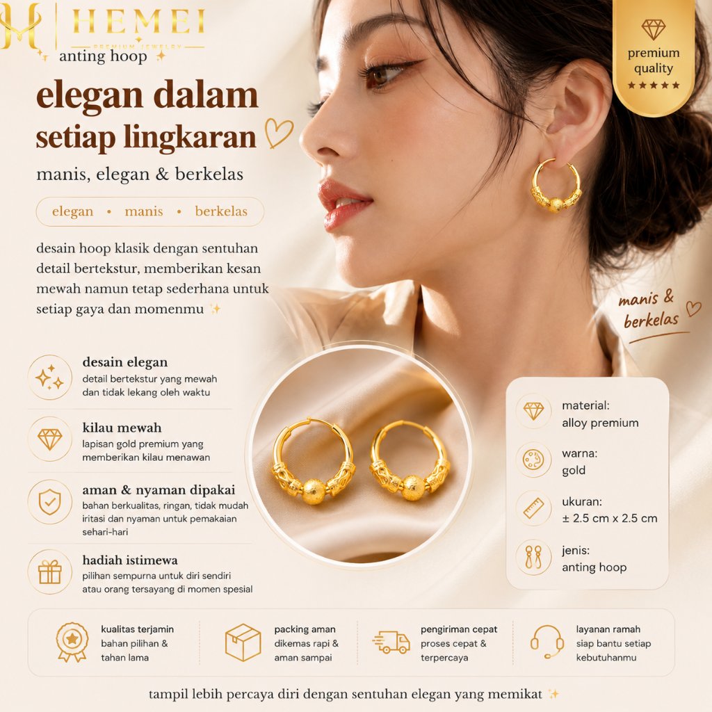 Hemei ER05  Anting Bulat Lapis Emas Anting  Aksesoris Model Chinese Style Anting Tembaga Lapis Emas
