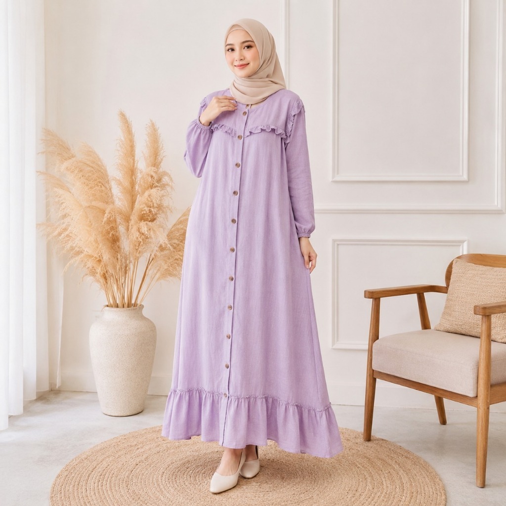 Gamis Crinkle & Polo Linen Wanita Tangan Panjang