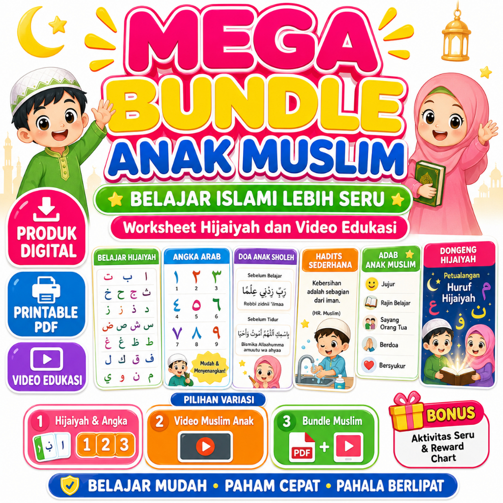 Worksheet Anak Muslim 3-7 Tahun Hijaiyah Angka Arab Video Edukasi Islami Doa Hadits Adab PDF