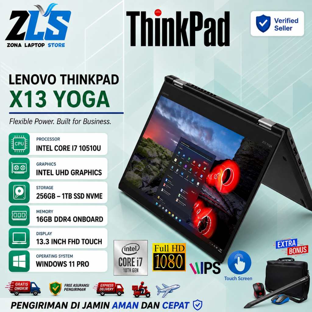 Lenovo ThinkPad X13 Yoga Touchscreen i7 Gen 10 RAM 16GB SSD 1TB 13.3 FHD IPS Laptop Bekas Garansi