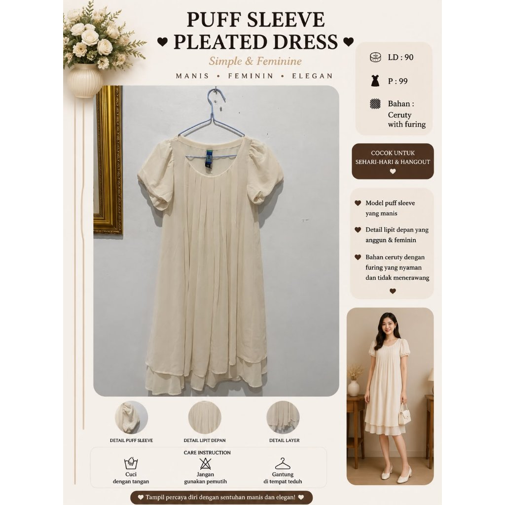 Dress wanita Puff Sleeve Pleated warna krem bahan ceruty with furing model manis feminin