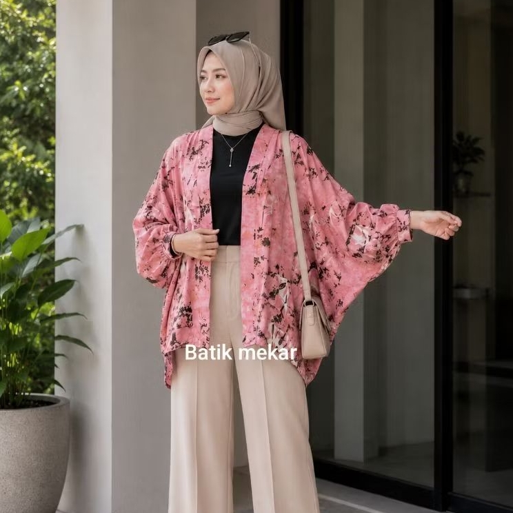 OUTER BATIK WANITA KIMONO HITAM PUTIH OUTER HIJAB KEKINIAN KIMONO BATIK MODERN