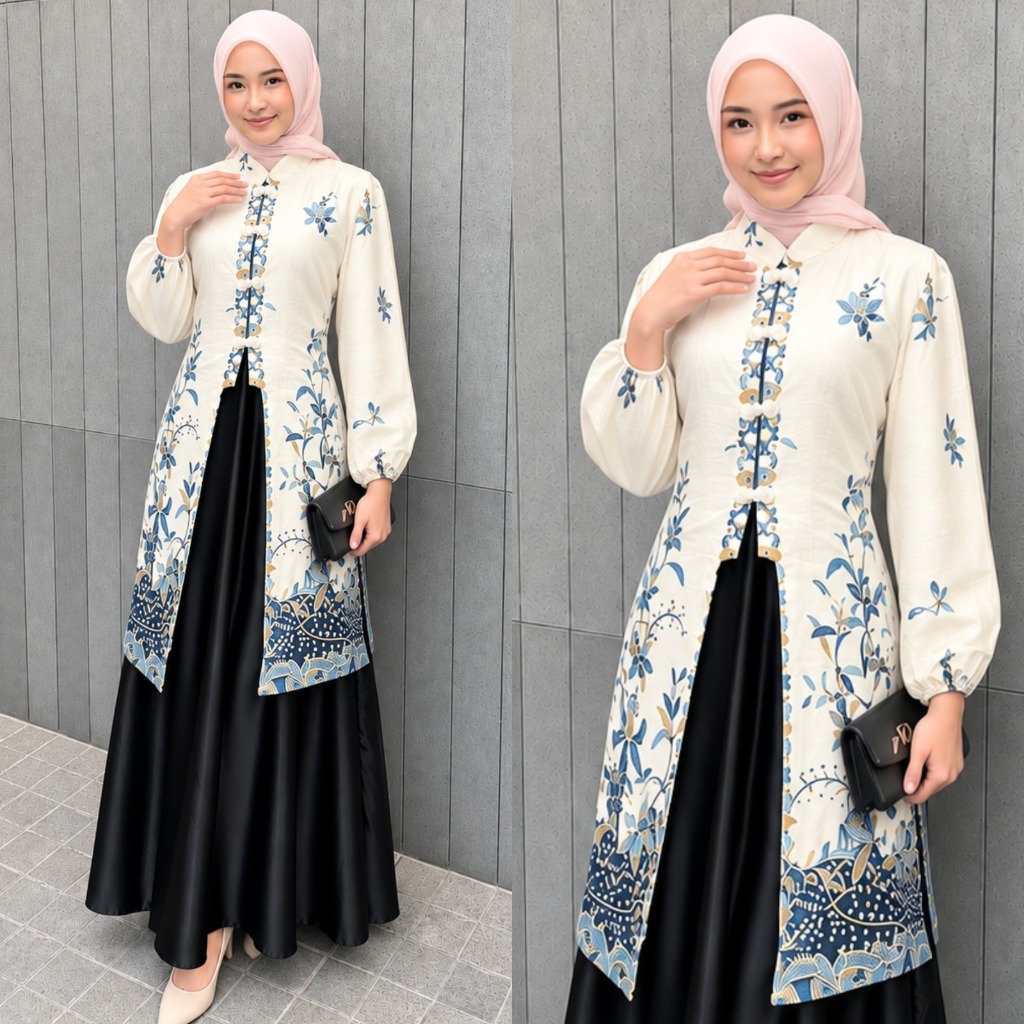 Dress Nereswari Busui Friendly A-Line Oneset Inner Outer Motif Batik Bunga Burgundy Mahogany Navy Ga