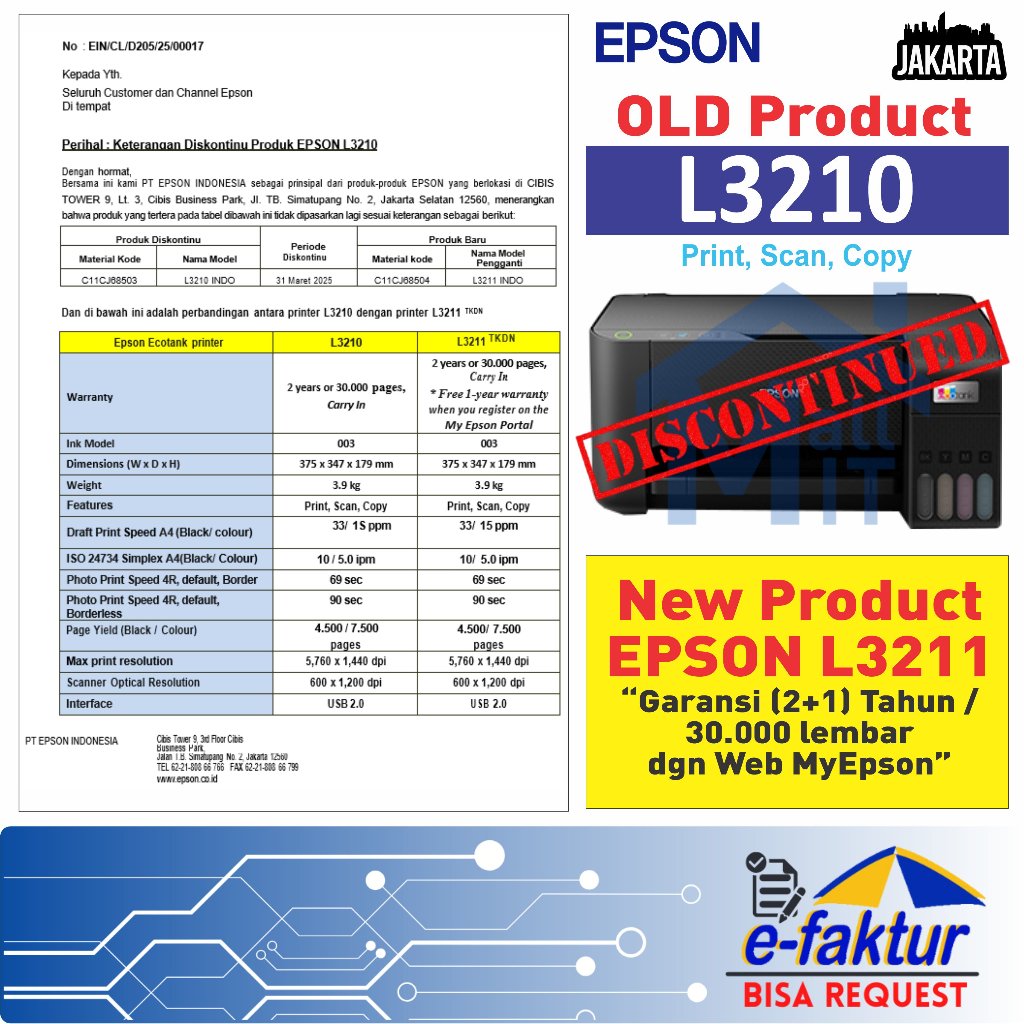 MALLIT EPSON Printer epson L3211 L-3211 L 3211 Pengganti Epson L3210 L-3210 L3110 Print Scan Copy A4
