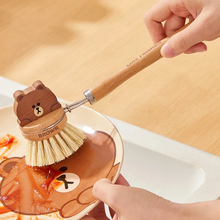 SIKAT PIRING SIKAT PANCI BROWN LINE FRIENDS BRUSH SIKAT TANGKAI BAMBU KOREAN HOUSEWARE UNIK