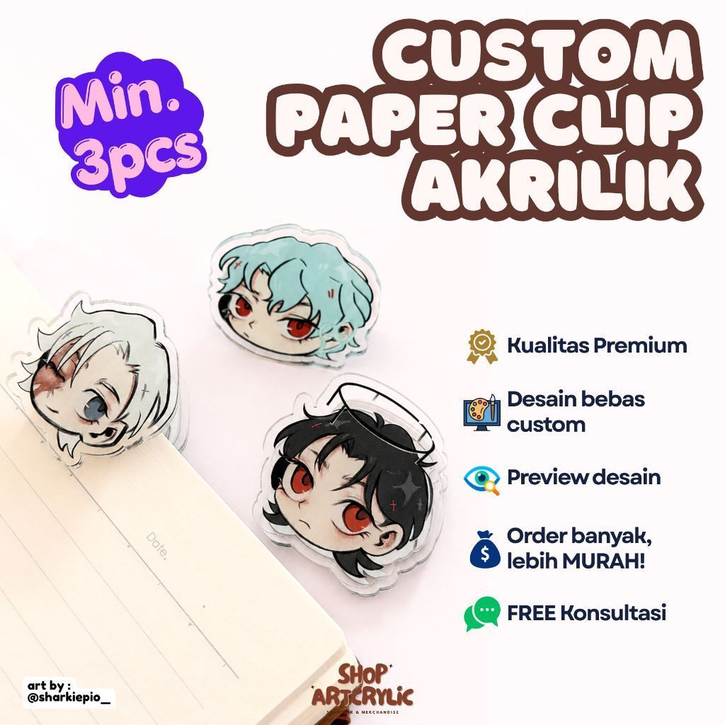 Min.3pcs - Custom Klip Kertas Akrilik Jepitan Kertas Buku Paper Clip UV Print
