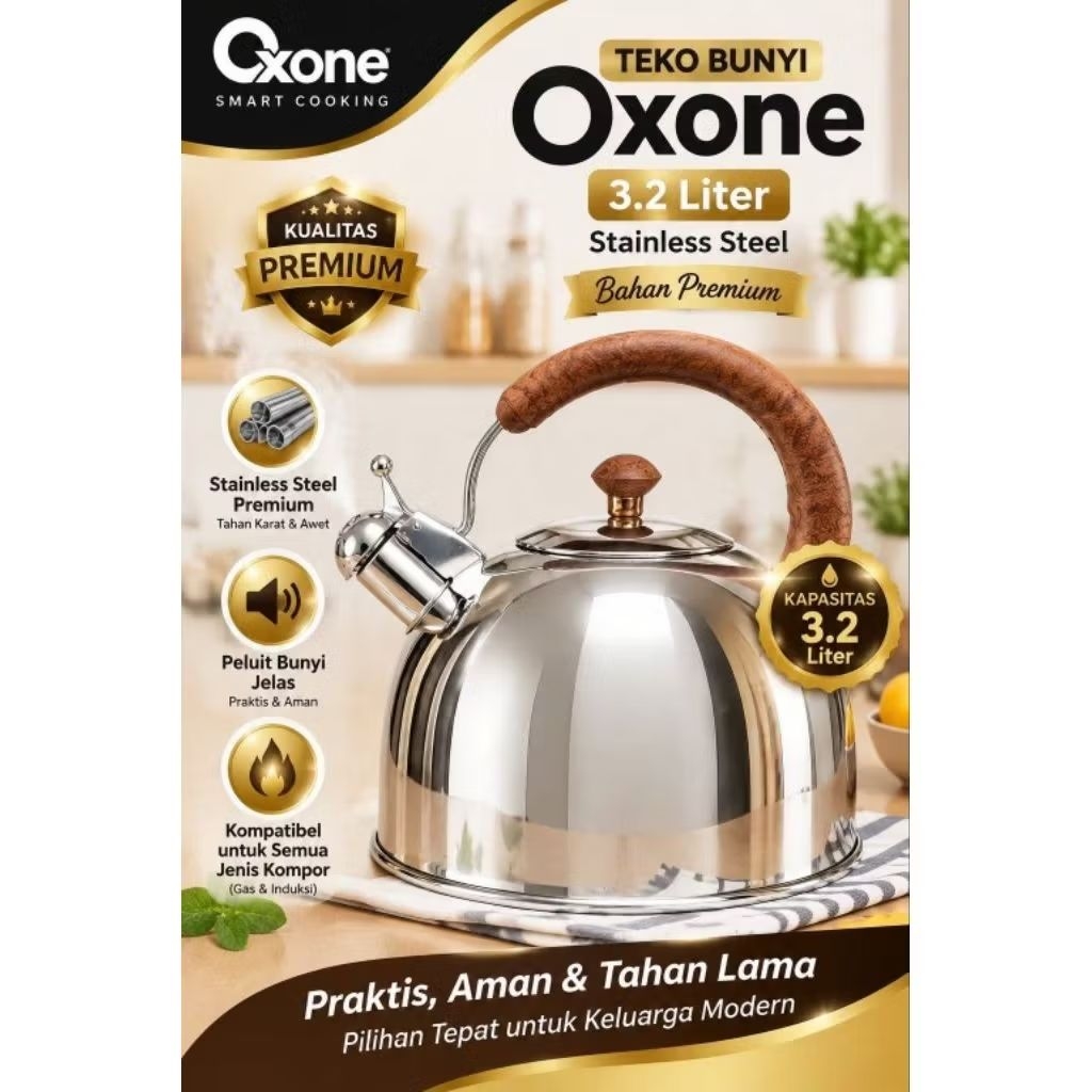 Oxone Teko Bunyi 3.2 Liter Stainless Steel Bahan Premium untuk Kompor Gas & Induksi