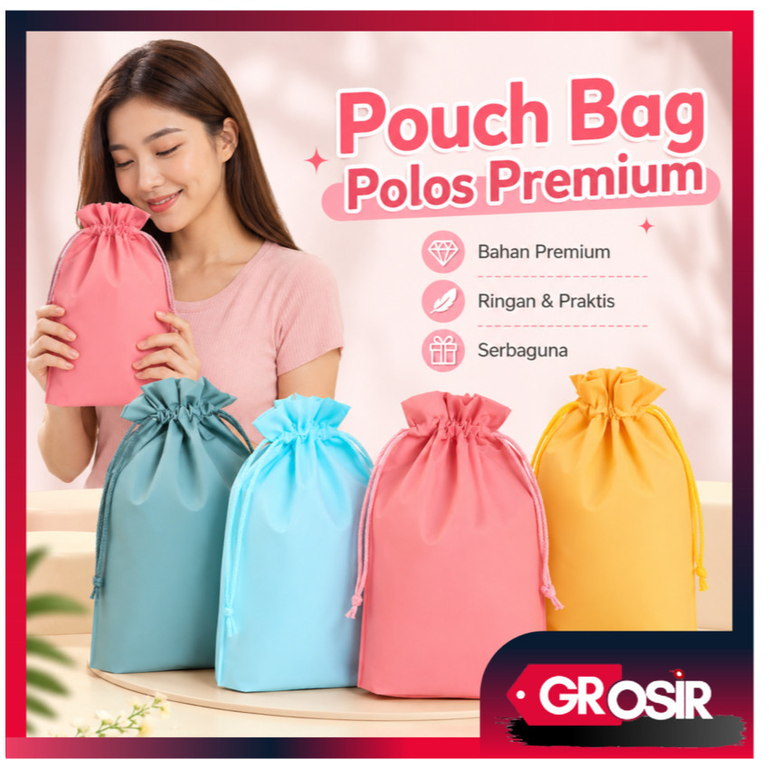 Grosir - H5754 Premium Drawstring Pouch Bag / Kantong Travel Warna Polos / Tas Serut / Organizer Bag