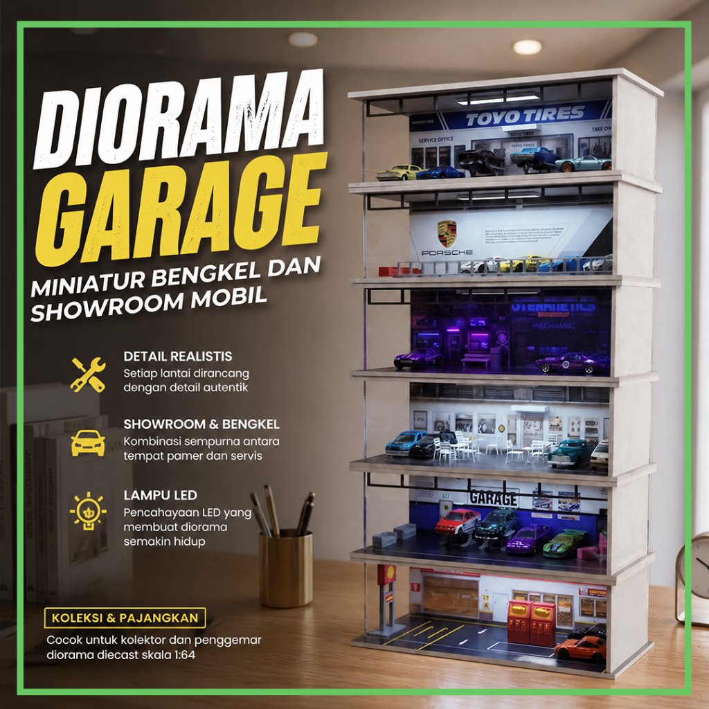 Diorama Diecast Garage Miniatur Bengkel & Showroom Mobil | Display Koleksi