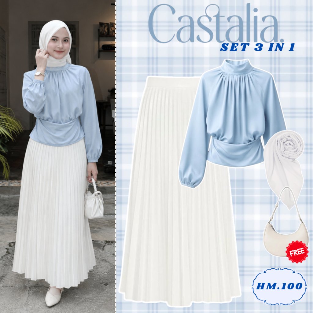 Haru Mode One Set Wanita Muslimah Korean Style Terbaru | Echa Blouse Turtle Neck + Rok Plisket Premi