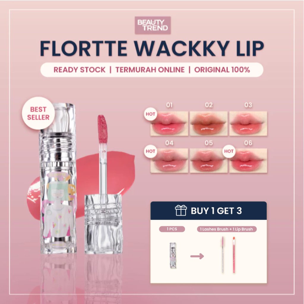 [READY ORI] Flortte Lip Lacquer Wackky Lip Gloss Glossy Lembab Tahan Lama Tidak Transfer