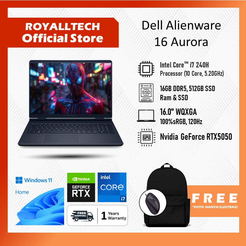 Laptop Dell Alienware 16 Aurora Intel Core i7 240H RTX5050 8GB Ram 16GB 512GB SSD Windows 11 Home 16