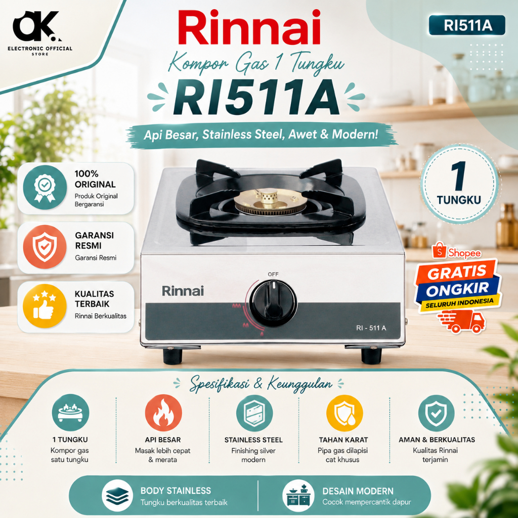 Rinnai Kompor 1 Tungku RI 511 A /RI 511A/RI 511 A/RI511A/RI511 A/RI-511A/ORIGINAL BERGARANSI