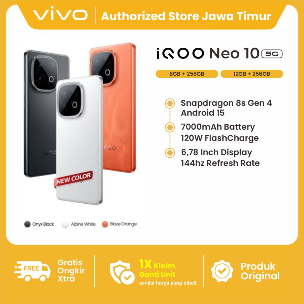 iQOO Neo 10 12/256 - Garansi Resmi Snapdragon 8s Gen 4 + Q1 (Dual Chipset), 7K VC Cooling System, Ah